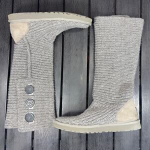 UGG Australia Classic Cardy Knit Sweater Foldover Gray Tall Boots Size 8